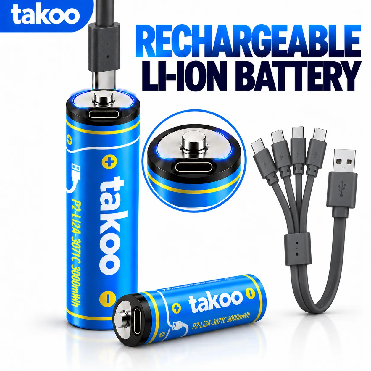TAKOO USB-C Rechargeable Lithium Batteries AA/AAA, 1.5V Long-Lasting Li-ion Battery, 1000+ Recharge Cycles for Controllers, Cameras, Toys & Everyday Devices
