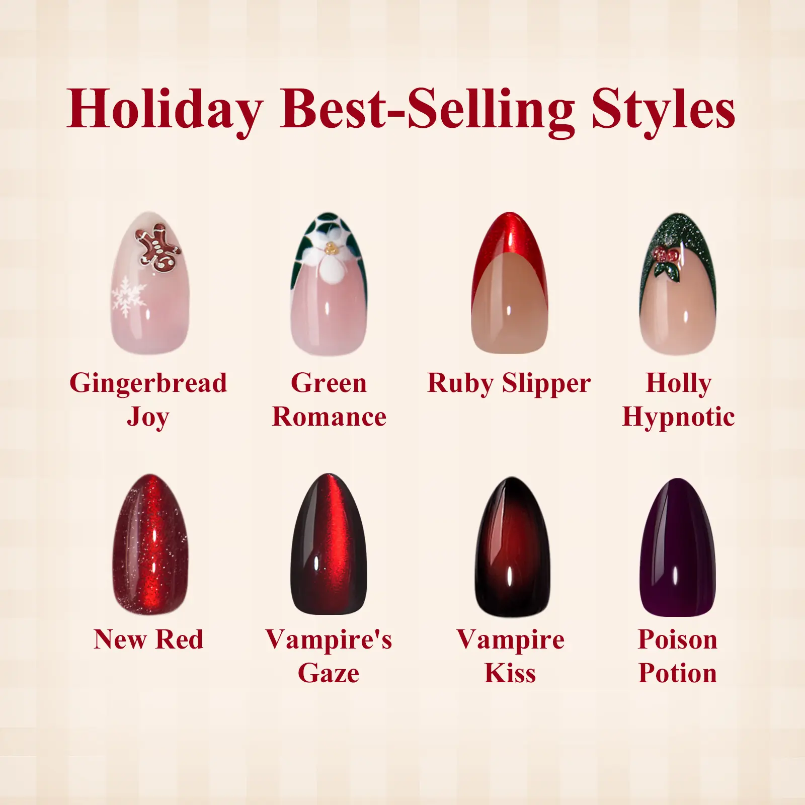 BTArtbox French Tip Press On Nails - Gingerbread Joy, 3D Short Almond Christmas Press On Nails with Glue and Adhesive Tabs for Women in 16 Sizes - 32 Soft Gel