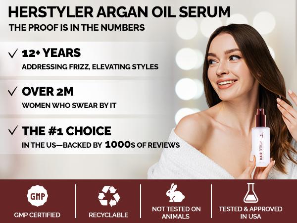 Herstyler Argan Oil Hair Serum - Anti-Frizz Hair Serum for Frizzy and Damaged Hair - Lightweight Heat Protectant Serum for Hair Growth - Hair Oil Serum with Aloe Vera, Vitamin E & Argan Oil - Boosts Shine & Hydration - Haircare - 2 Fl Oz - 1 Pack