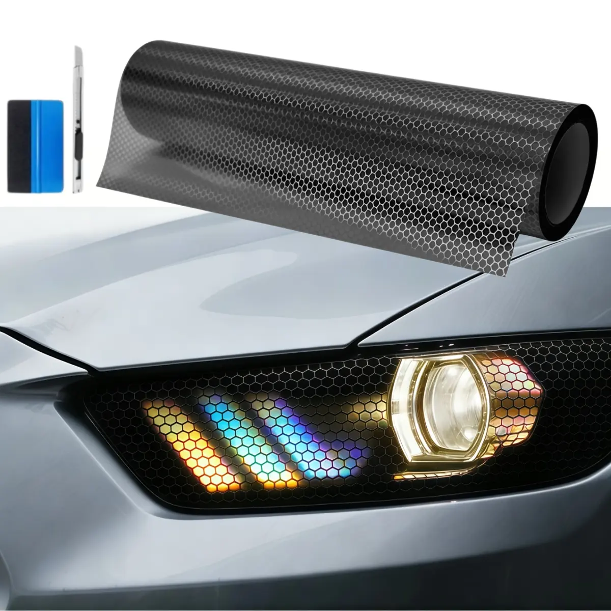 FONESO Headlight Taillight Tint Film Tool Kit, with Squeegee and Cutter - 12 x 60 Inches Honeycomb Vinyl Tint Wrap Decals Protector Sticker - Tear Off without Residue, HEX Self Adhesive Fog Lights Sticker Sheet Roll for Car Lights Cover - 5FTx1FT, Complet