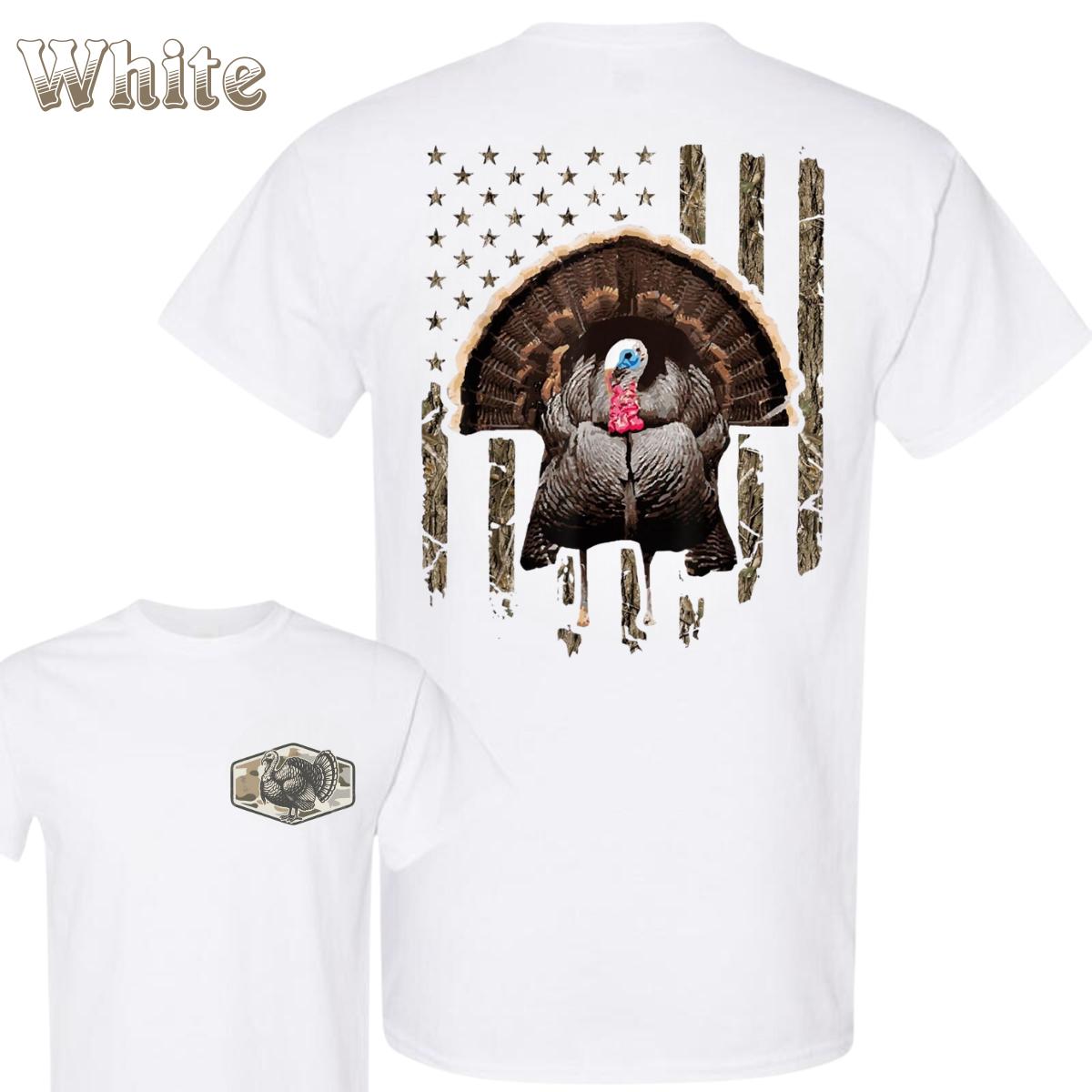 Wild Turkey Hunting T-Shirt – Wild Turkey Fan Over Distressed American Flag Camo Graphic , Small Front Turkey Badge Chest Print , Turkey Season Outdoors Theme , Woods Camp Weekend Outfit , Soft Cotton Tee , Gift For Turkey Hunters Menswear Classic