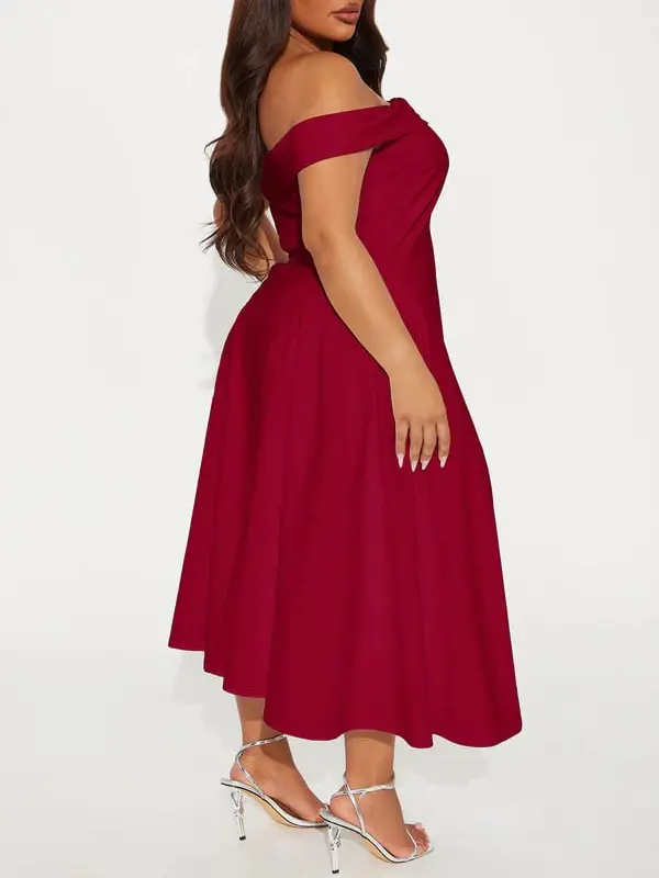 red off the shoulder fit and flare dress Embroidered Mesh Maxi Dress main image 1