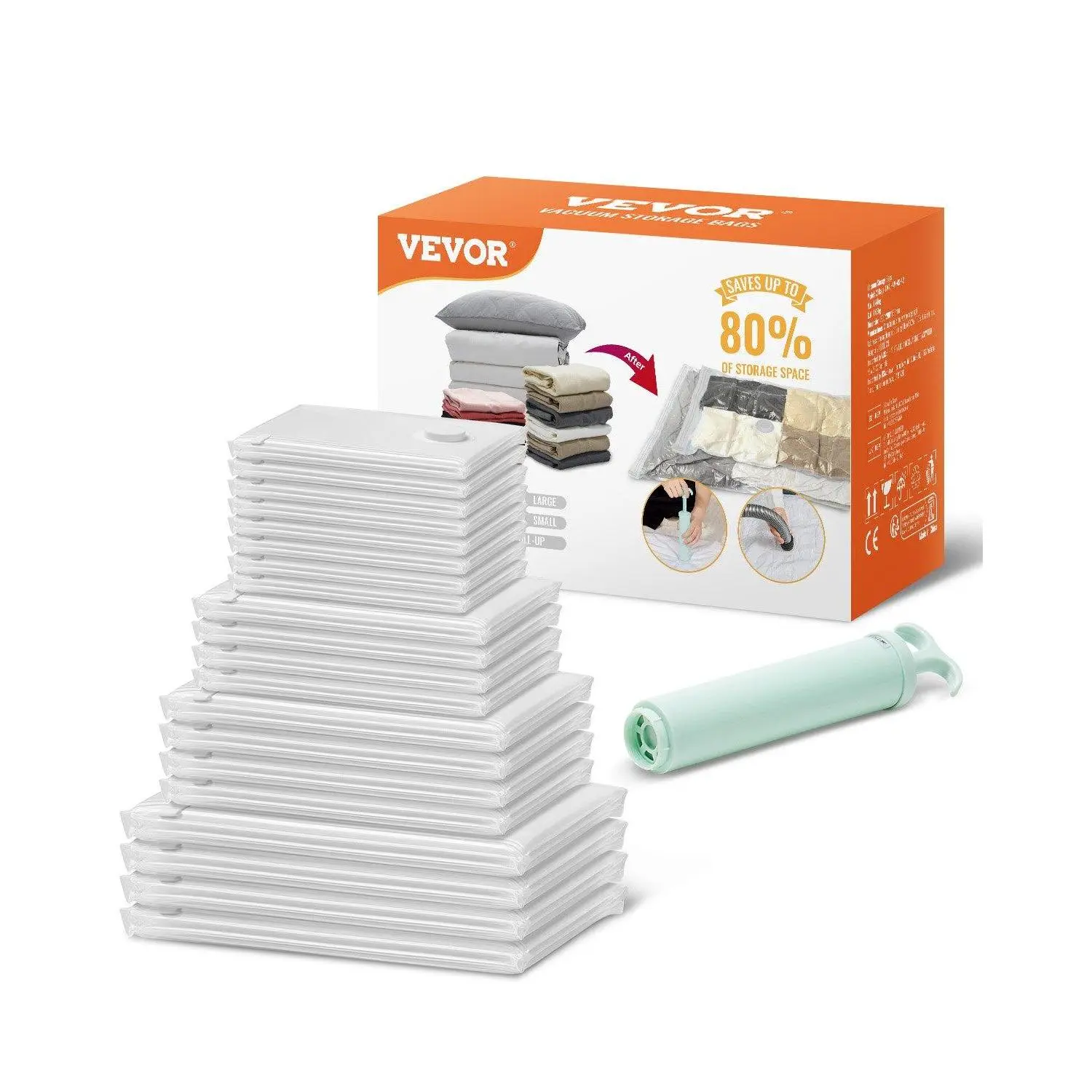 VEVOR 20-Pack Vacuum Storage Tool Bags with Manual Pump, Sturdy Zipper Pouch, Room Organization Products for Comforters, Blankets, Clothes, Travel Essentials, Organiser