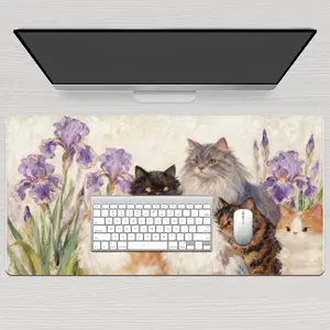 LIVEKEY Mouse Pad for Gaming & Work: Aesthetic Cat with Iris Flower Design, 80x40cm Large Size, Non-Slip Base, Smooth Surface for Precise Mouse Control, Durable Stitched Edges, Comfortable Desk Mat