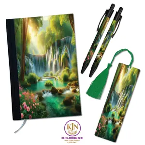 Echoes of Nature Waterfall Personalized Journal Essentials Bundle – Fabric Hardcover Notebook with Pens & Tassel Bookmark  Kat’s Journal Nest