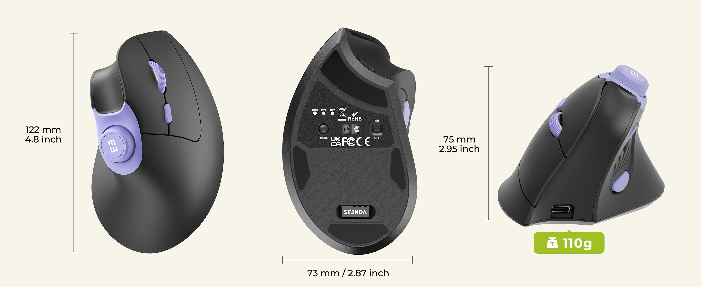 Seenda Ergonomic Mouse Rechargeable, USB+Dual Bluetooth, MOU-302 Vertical Wireless Mouse with Volume Knob, Quiet Clicks, Multi-Device Cordless Mice Compatible for Windows, PC Accessories , Laptop, Mac OS for Work