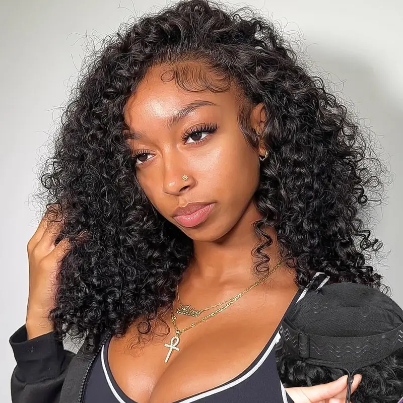 Kinky Curly Half Wig Synthtic Hair180Density curly 3In1 Half Wig Drawstring Seamless Flip Over Ready And Go Glueless Wigs With Beginner Friendly Upgrade Headband Wig for Women Daily Wear 14Inch