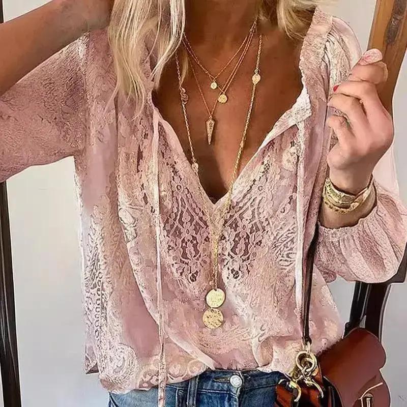 2026 blouse Women's Blouses Spring Summer Fashion Boho Lace Hollow Out Deep V Neck Pullover Shirt Women Elegant Casual Blouse Female Tops White Formal women's summer outfits Fabric Soft Womenswear Chic