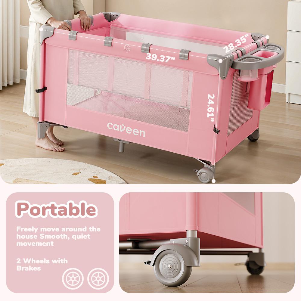 CAVEEN 5 in 1 Baby Playard, WIth Baby Bassinet, Portable Bedside Sleeper Baby Crib, with Removable Changing Station & Storage Organizer, Pink CAVEEN 5 in 1 Baby Playard, WIth Baby Bassinet, Portable Bedside Sleeper Baby Crib, with Removable Changing Station & Storage Organizer, Pink