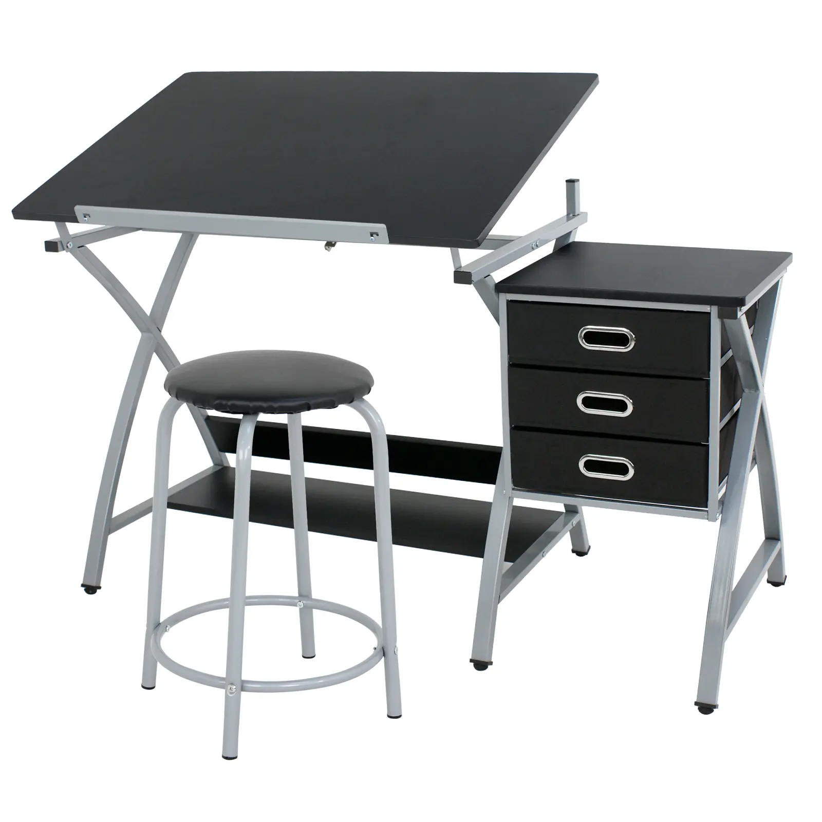 Segawe Adjustable Height Drafting Desk - 50.25"x24"x30.25"-45" Portable Laptop Desk, MDF-Steel Sturdy Tables, 3 Drawers for Storage, Stable Steel Frame, 48-Degree Angle Flexibility, Included Stool for Art & Craft Use, Adjustable Height Desk, Shelving Opti