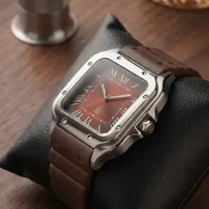 Premium Brown Leather Strap Watch with Roman Numerals Dial and Stainless