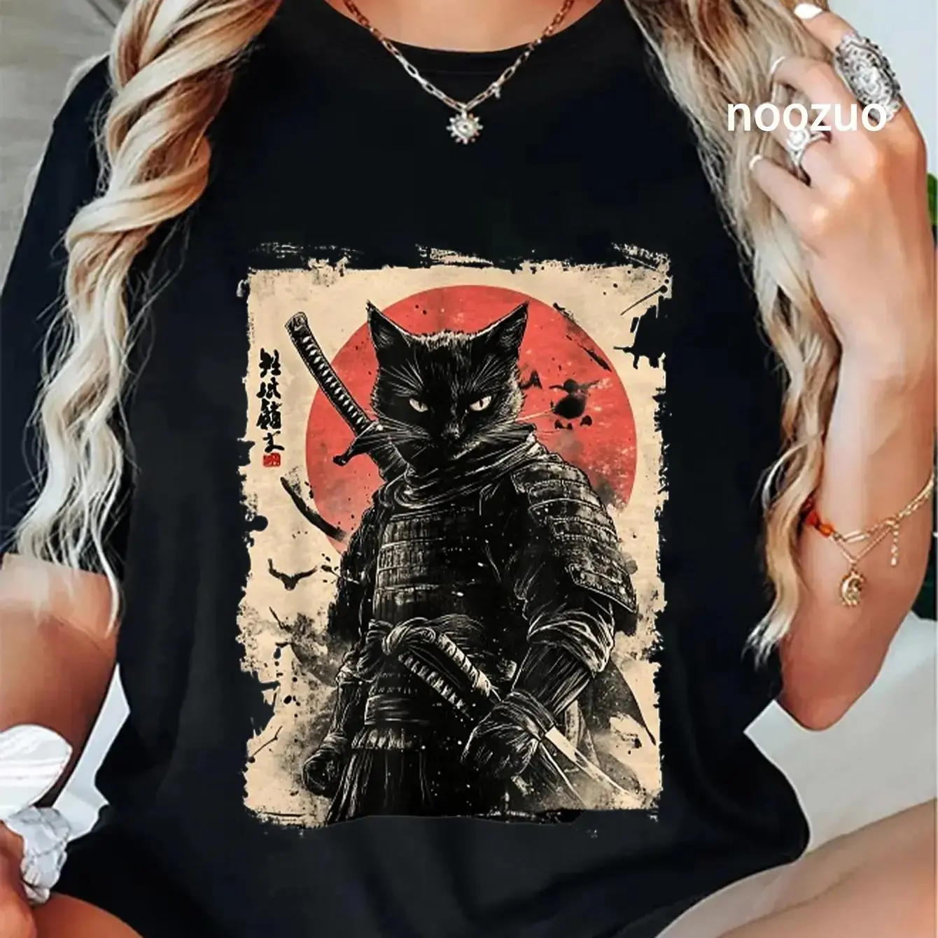 Samurai Cat Graphic T-Shirt, Unisex Vintage Japanese Style Tee in 100% Cotton with a Breathable Oversized Relaxed Fit