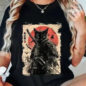 100% Cotton Unisex Vintage Japanese Art anime graphic samurai cat warrior T-Shirt Casual Graphic Printed Vintage Tshirt