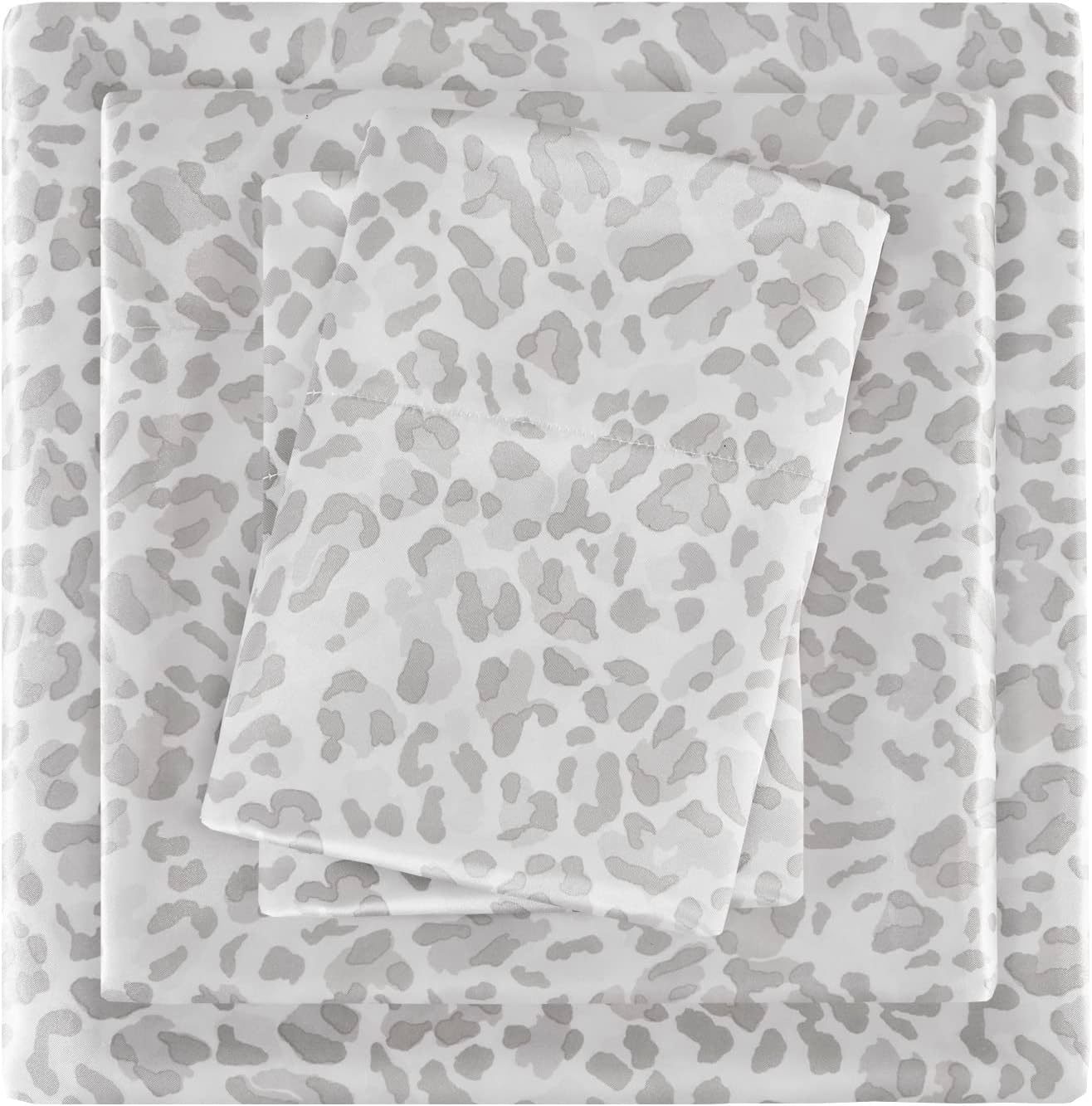 Madison Park 4 Piece Leopard Printed Satin Sheet Set (1*Flat Sheet + 1* Fitted Sheet + 2*Pillowcases), Luxury And Silky With Natural Sheen, Elastic 14" Pocket Fits Up To 16" Mattress, All Around Elastic - Year-Round Bedding