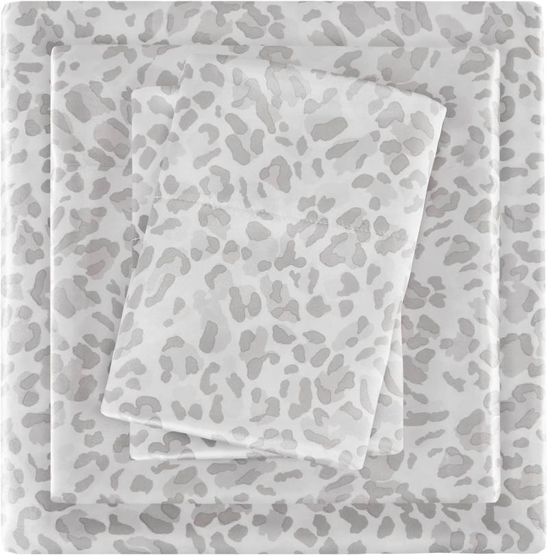 Madison Park 4 Piece Leopard Printed Satin Sheet Set (1*Flat Sheet + 1* Fitted Sheet + 2*Pillowcases), Luxury And Silky With Natural Sheen, Elastic 14" Pocket Fits Up To 16" Mattress, All Around Elastic - Year-Round Bedding