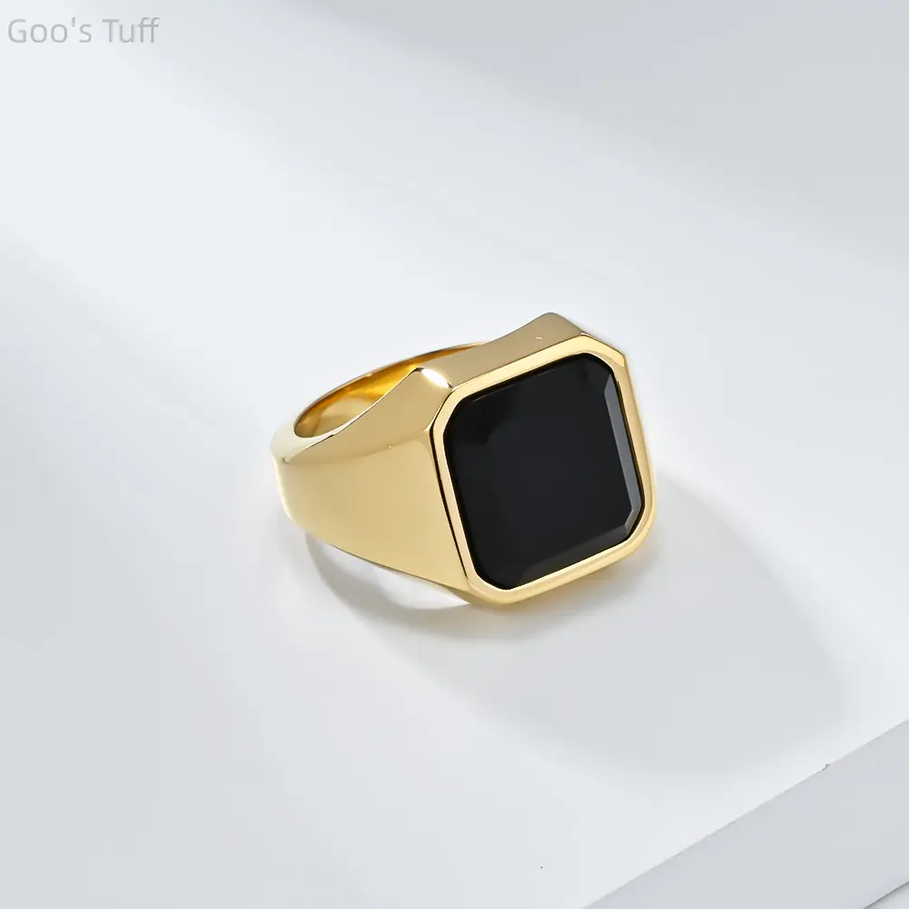 Men's Black Onyx Signet Ring Titanium Steel Gold Silver Black Plated Square Gemstone Ring Anti Tarnish Hip Hop Jewelry for Daily Party