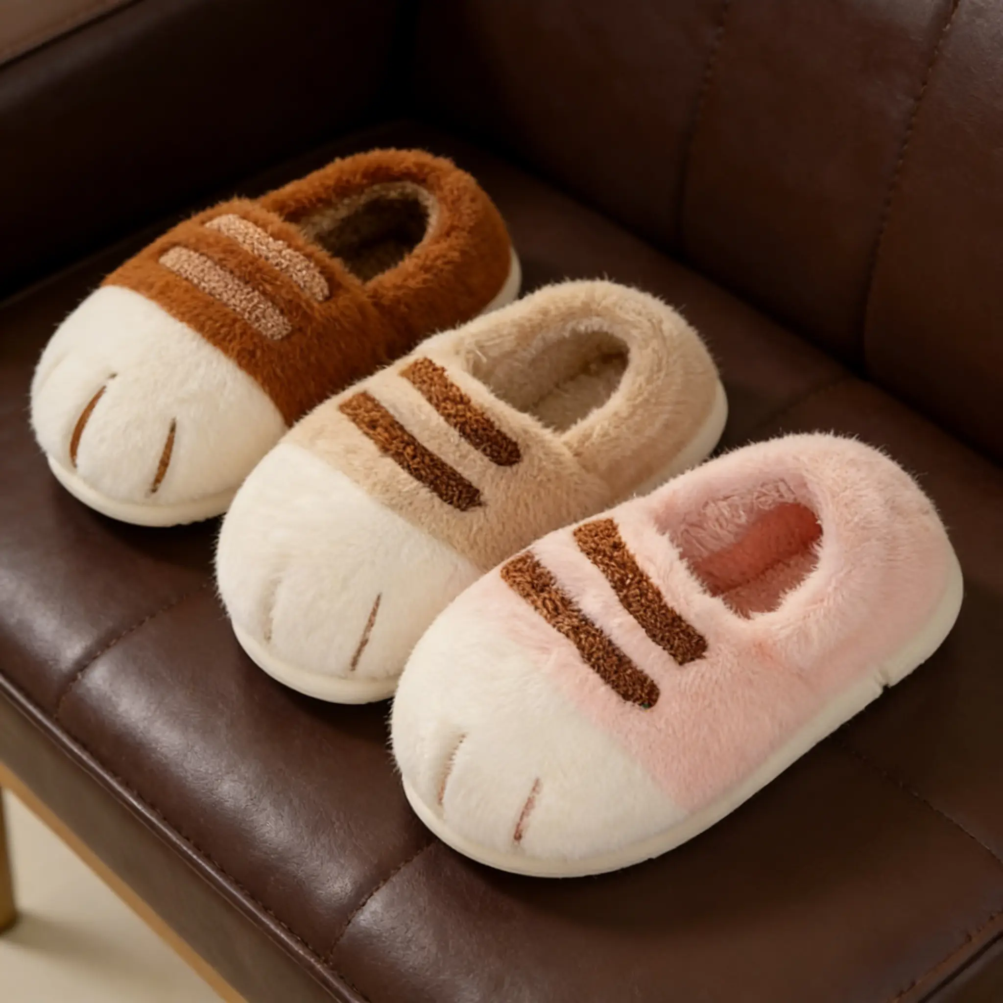 Women's Winter Cartoon Cat Paw Soft Plush Slide Slippers - Non-Slip Rubber Sole, Cozy Fuzzy Flats for Home Warmth, Indoor Outdoor House Footwear, Rubber（Tpe, Tpr, Etc.）