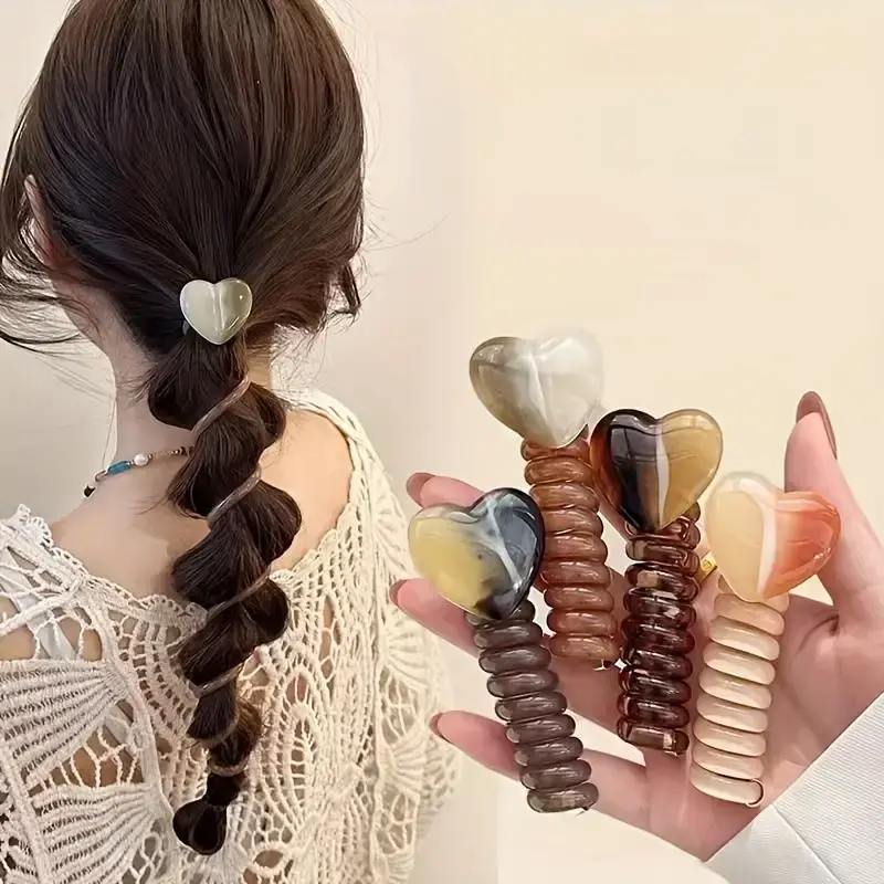 4-Piece Elegant and Cute Heart-Shaped Spiral Hair Ties - Resin, Colorful Ponytail Hair Ties, Suitable for Girls, Hair Styling Accessories, Coil Hair Ties