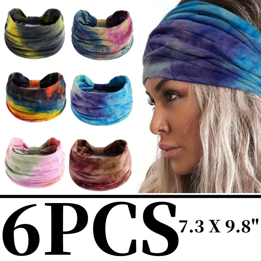 6 Pcs Wide Knotted Turban Headbands - Unisex Fit, Non-Slip Elastic Fabric Tie-Dye Boho Wrap, Casual Sports Sweatbands for Yoga Outdoor Activities (Sports & Outdoor Accessories), Casual Sports Headbands, Sweatbands Sports Headbands