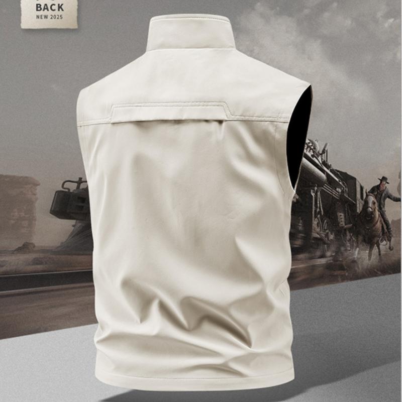 Men's Solid Color Hooded Vest Jacket, Stand Collar Multi-Pocket Sleeveless Coat, Windproof Waterproof Casual Sports Waistcoat, Regular Fit Outdoor Fishing Vest, All-Season Men's Jacket, Menswear
