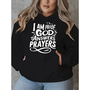 Plus Size Casual Polyester Hooded Sweatshirt with "I Am Proof God Answers Prayers" Print - Women's Fall/Winter Oversized Pullover with Slight Stretch, Knit Fabric, Long Sleeve Top