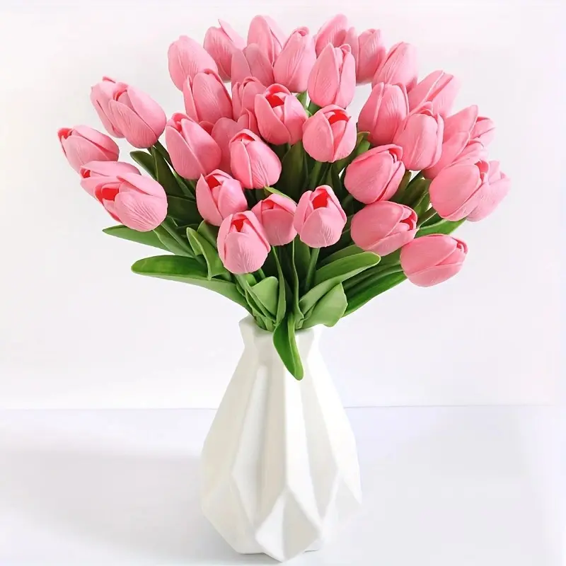 10 Pack Real Touch PU Pink Artificial Tulips Faux Flowers, Fake Tulip Bouquet for Home Hotel Wedding Decor Photo Props, Bridal Handheld Flower Gift for Mom Girlfriend