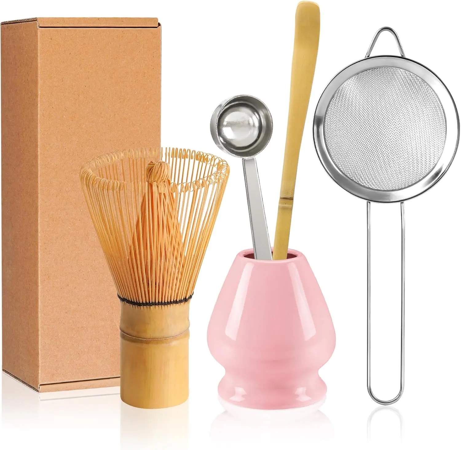 Solid Pink Japanese Matcha Making Kit with Handle - Easy-Grip Stainless Steel Bamboo Whisk, Ceramic Chasen Holder, Fine Mesh Tea Strainer, 5ml Accurate Measurement Scoop - Home Daily Use Kitchen Tool
