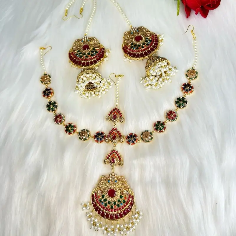 Desi Bollywood Multi Gold MathaPatti ( Head Piece ) And Jhumkas With Over The Ear Chain.