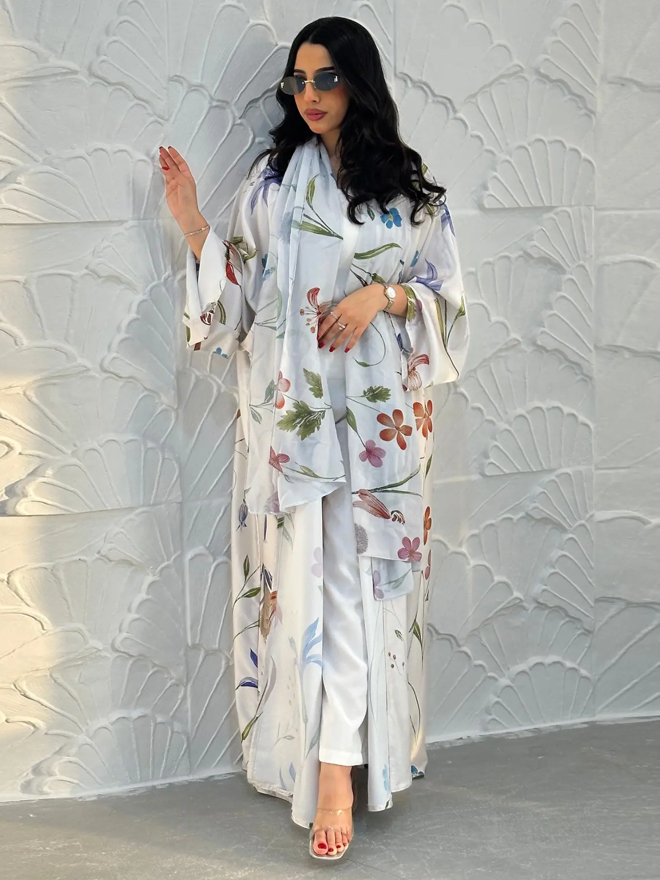 New Muslim Women's Loose Fit Open Front Robe, Printed Two-Piece Set with Headscarf, Casual Daily Wear, Comfortable and Stylish, Floral Abaya Set, Islamic Abaya, Muslim Clothing