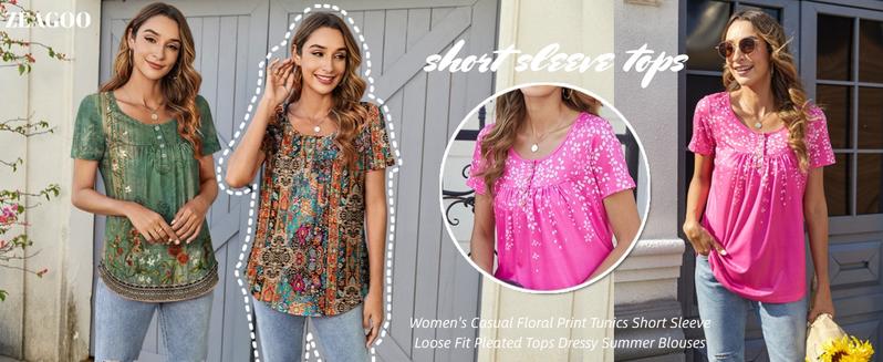 ZEAGOO back to school Women Tunic Tops Dressy Casual Summer Short Sleeve Shirts Floral Loose Fit Pleated Boho Top S-XXL
