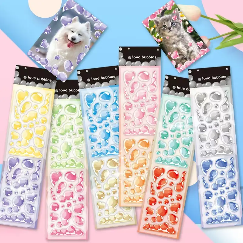 Laser Rainbow Bubble Stickers, Heart Series Design with Ribbons and Flowers, Perfect for Journal Decoration and Creative DIY Projects