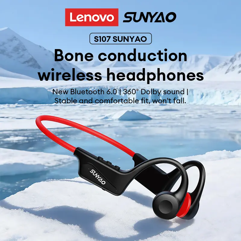 Lenovo SUNYAO S107 True Bone Conduction Wireless Headphones, Advanced Bone Conduction Technology, Hi-Fi Surround Sound, IPX4 Waterproof & Sweatproof, Ergonomic Neckband Design, Comfortable Fit, Audio Wireless Earbuds for Sports, Music & Phone Calls