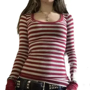 Women's striped long sleeved shirt with retro color block fairy T-shirt pattern aesthetic Harajuku top (gift)