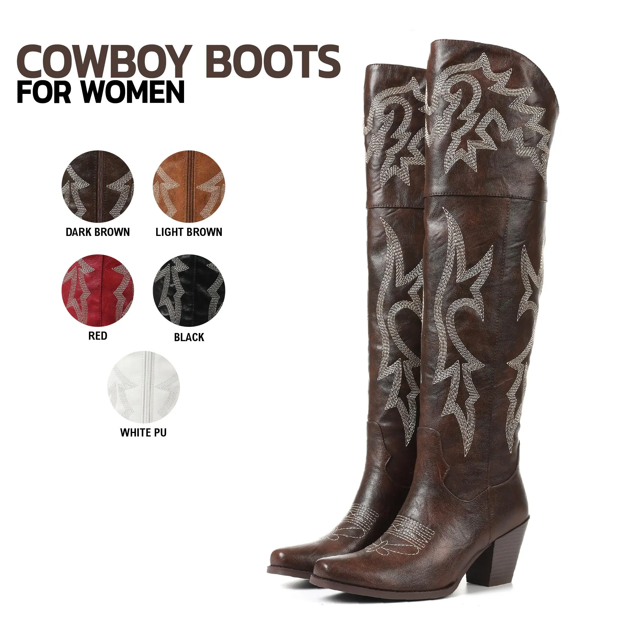 Cowboy Boots For Women Over The Knee Square Toe Side Zipper Chunky Block Heel Embroidered Festival Country Wedding Party Casual Outings Comfortable Western Fashion Retro Vintage Cowgirl Tall Boot