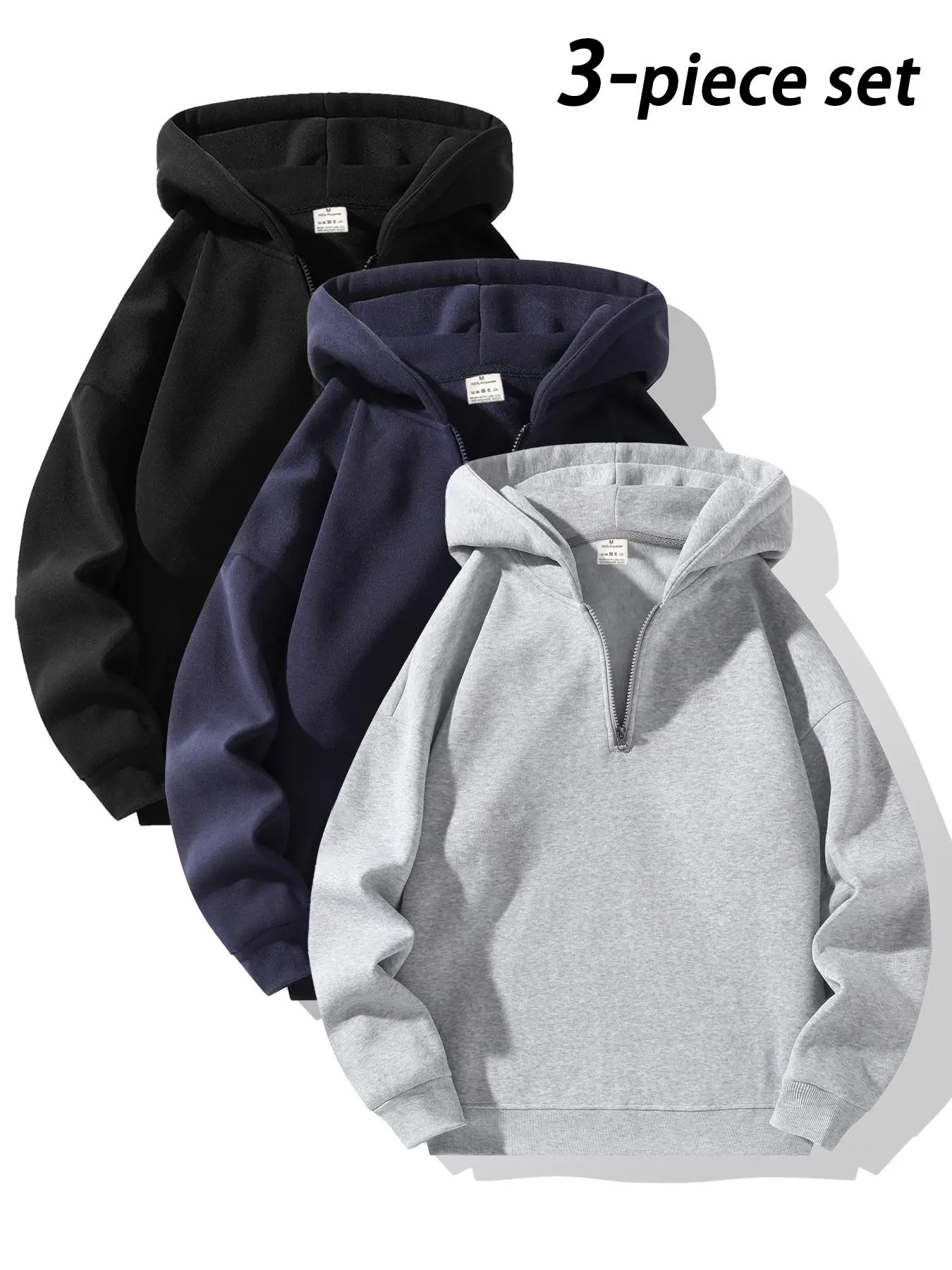 Men's Half-Zip Fleece Hoodie, Casual Fitted Hoodie, Casual Plain Long Sleeve Drop Shoulder Sweater, Thick Fabric for Fall & Winter, Sporty Fashion Pullover, Casual Hooded Sweatshirt