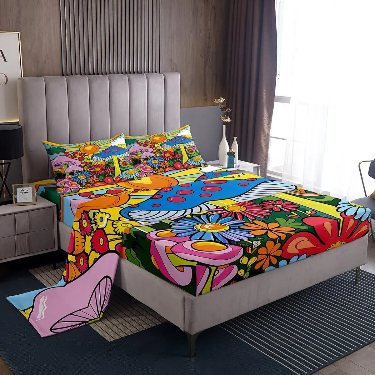 Feelyou 7-Piece Mushroom Pattern Bedding Sets Collections, Multi-Size Soft Sheets, Boho Hippie Groovy 60s Retro Vintage Chic Decor with Sun Daisy Floral Geometric Stripes; Set Includes Sheets & Pillowcases