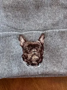 French Bulldog Frenchie Dog Breed Machine Embroidered Grey Knit Beanie Hat with French Bulldog Embroidery