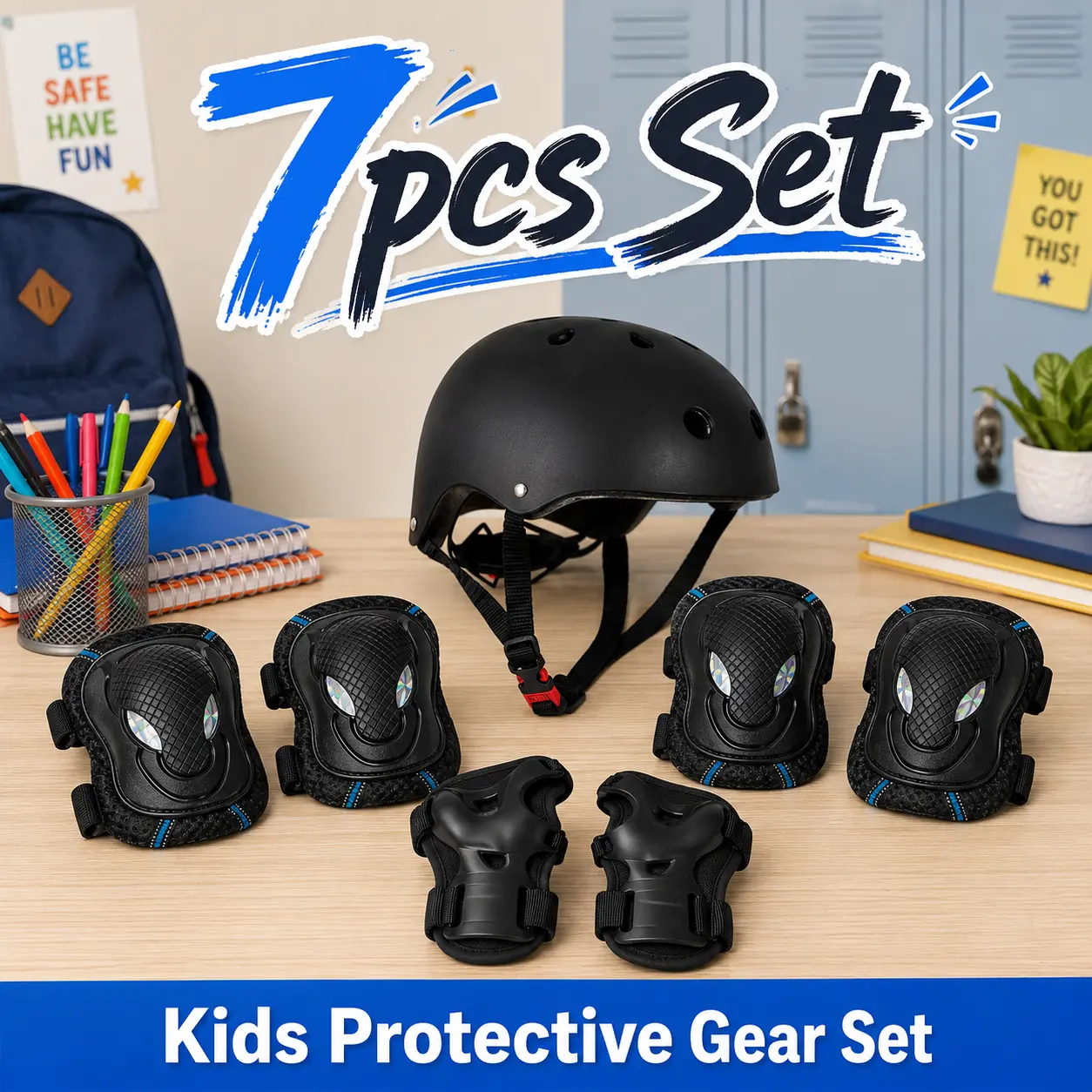 Kids 7-Piece Sporty Protective Gear Kit - Adjustable Helmet, Knee Pads, Elbow Pads, Wrist Guards with Breathable Fabric, Hook-and-Loop Closure for Roller Sports, Ages 3-12