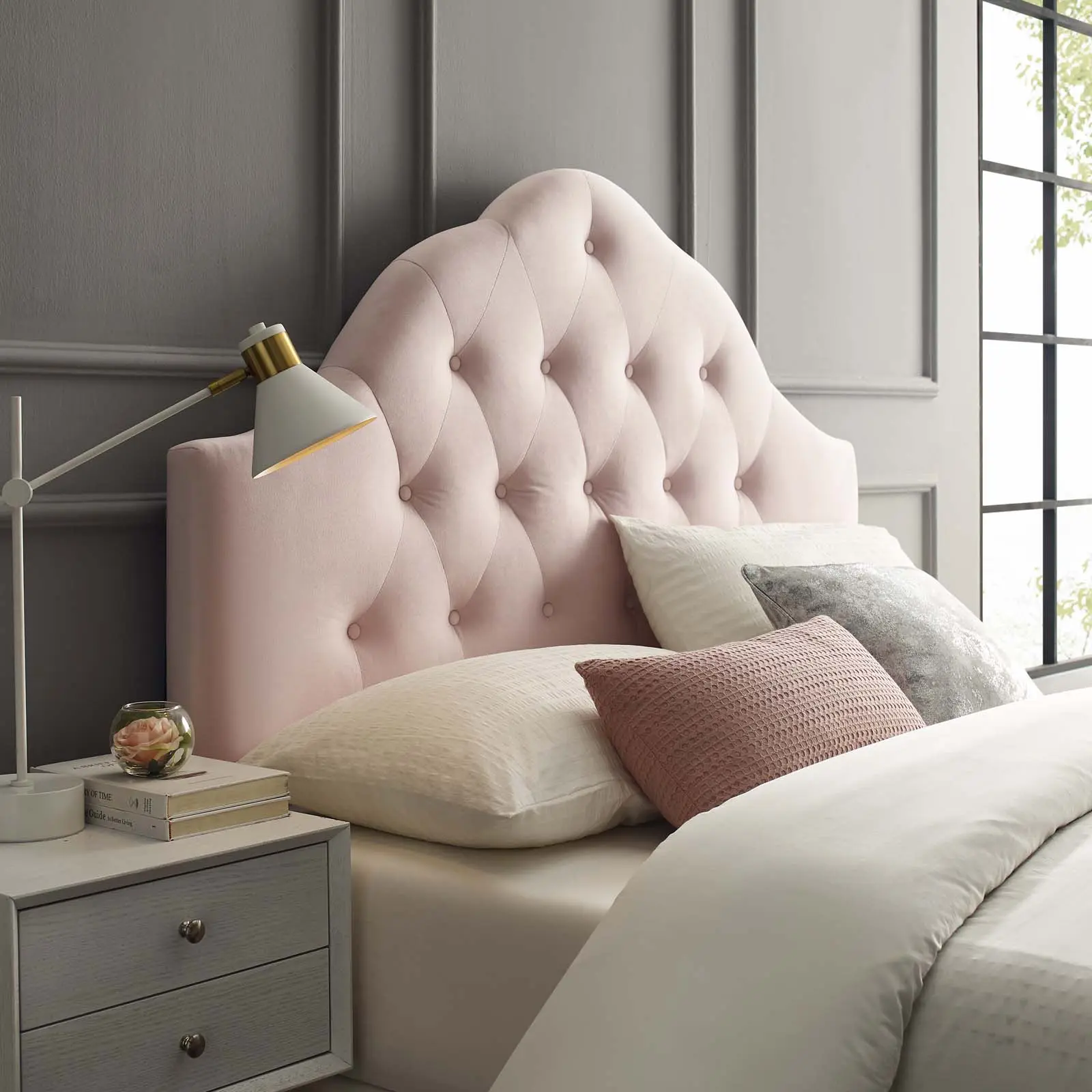 Modway Sovereign Queen Height Adjustable Headboard - Diamond-Tufted Performance Velvet, Pink, Tufted Upholstered Headboard for Bed, Curved Silhouette, Plywood Frame