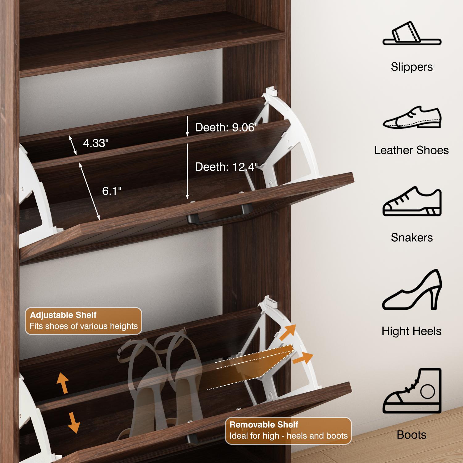 PieDle Shoe Storage Cabinet with 2-4 Flip Drawers, 24" W Farmhouse Modern Hidden Shoes Rack with Adjustable Shelves & Open Storage, Narrow Slim Shoe Organizer for Front Door Entrance, Entryway
