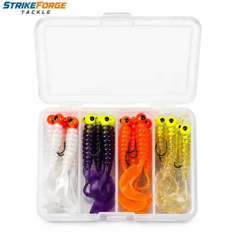 16Pcs Curly Tail Jig Head Soft Fishing Lures with Tackle Box, 4 Color Grub Swimbait Kit for Bass, Crappie, Trout, Freshwater Fishing