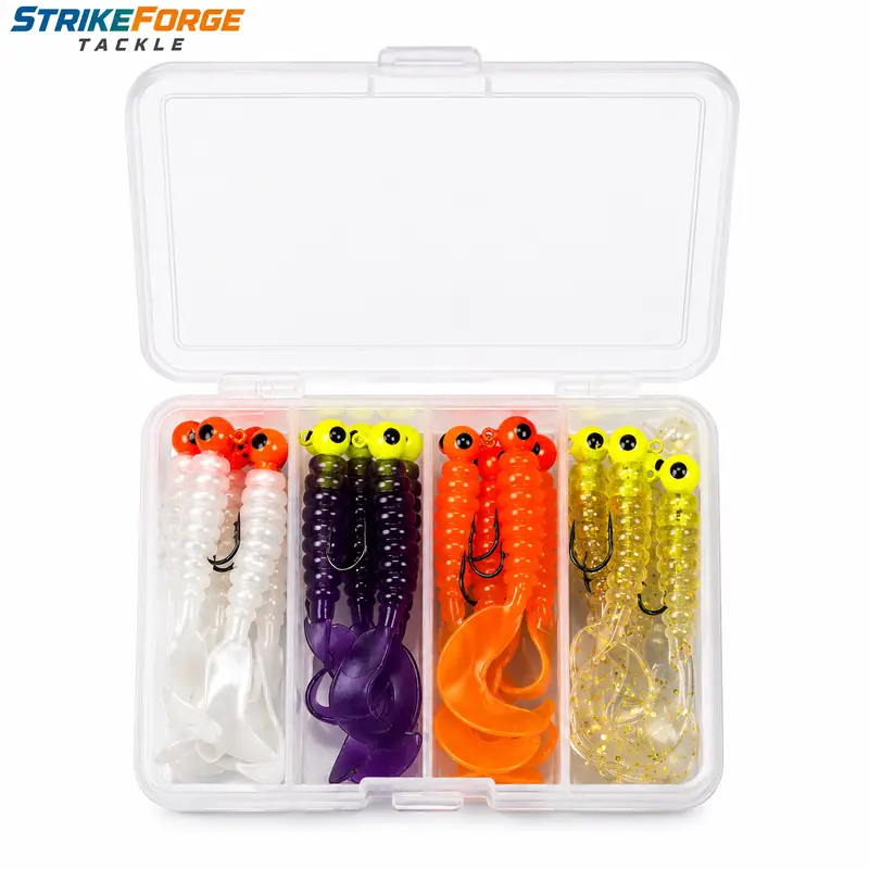 16Pcs Curly Tail Jig Head Soft Fishing Lures with Tackle Box, 4 Color Grub Swimbait Kit for Bass, Crappie, Trout, Freshwater Fishing