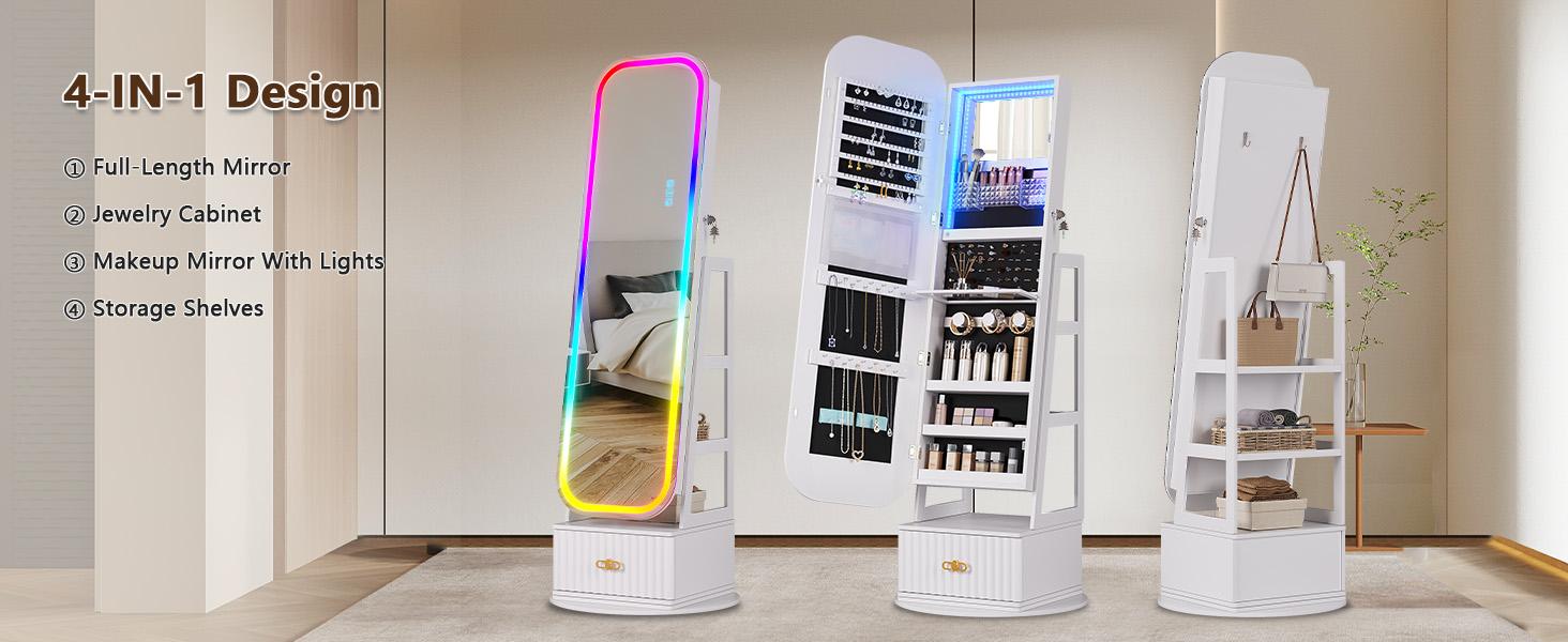 Miu Round-Corner Design Full-RGB exterior length Mirror with 360° Swivel & LED-Lit Features, Bottom Drawer Storage, Lockable Design Brush Cabinet