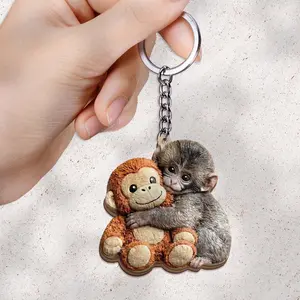 Viral Punch Monkey Wooden Keychain, Cute Baby Monkey with Plush Toy Gift, Emotional Gift for Animal Lovers