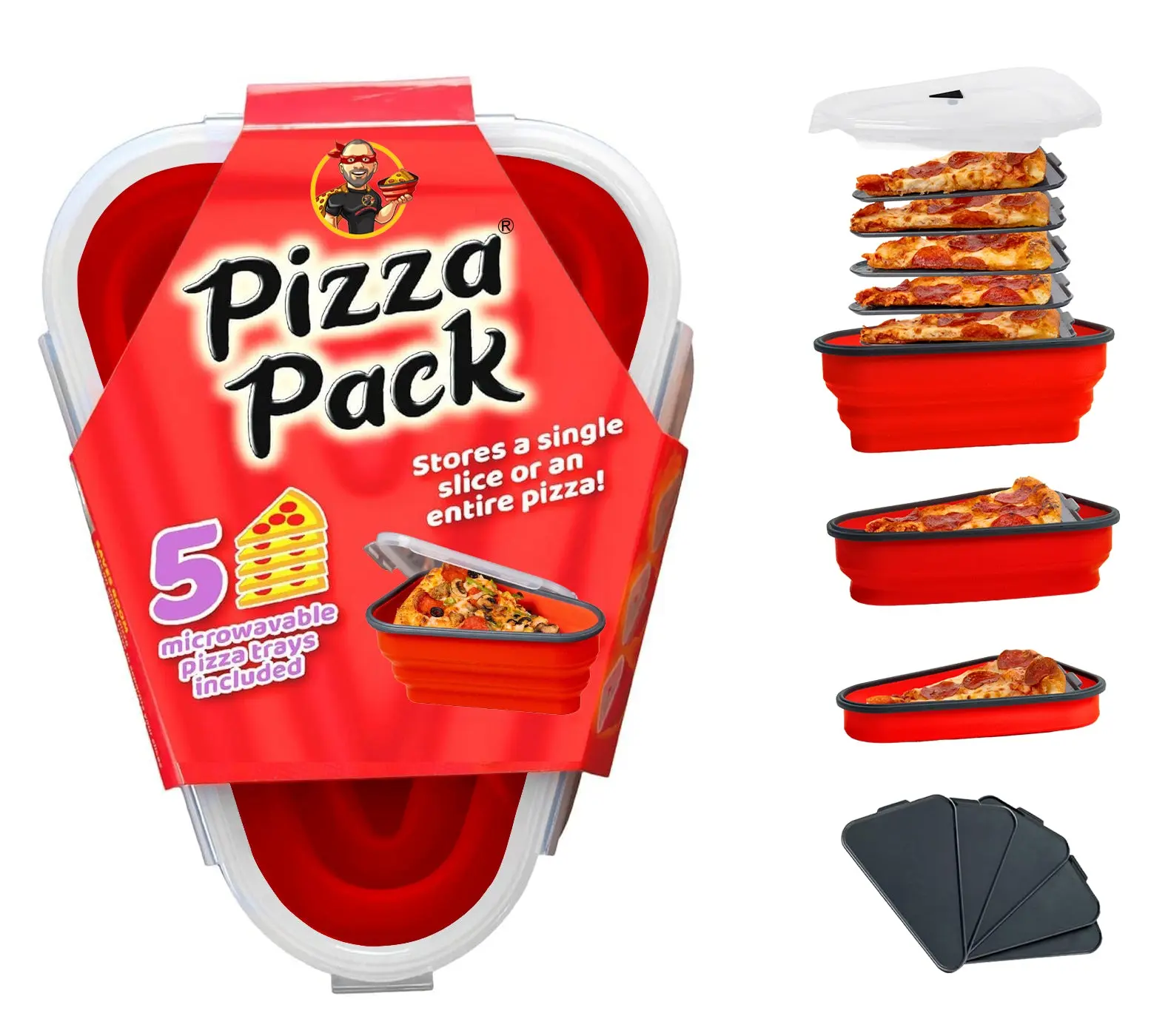 Pizza Pack Airtight Silicone Container (1 Pizza) - Snap-On Lids, 5 Microwavable Dividers, Silicone Stretch Lids, Collapsible Reusable Food Organizer, Bisphenol A (BPA)-Free, 1 Size Fits All, Stackable Space-Saving Kitchen Preserving Container