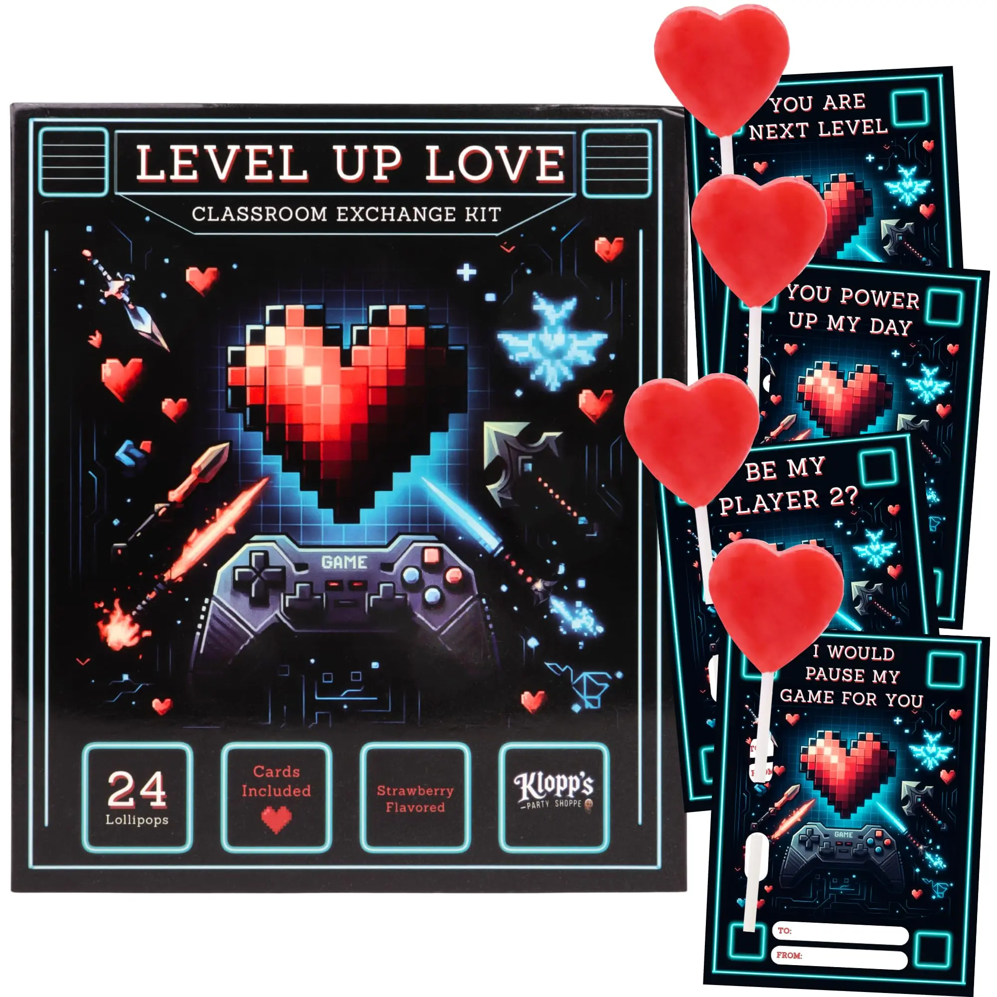 Gamer Themed Valentine's Classroom Exchange Kit, Individually Wrapped Heart Lollipops, Perfect Party Treats and Friendship Candy, 24 Cards and Suckers Inside