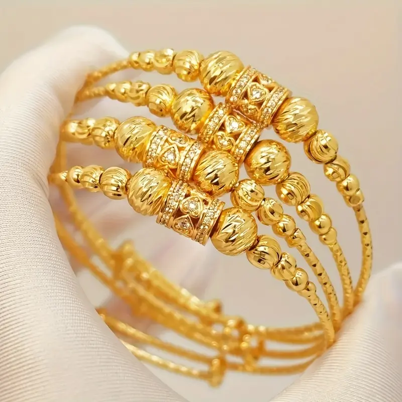 4-Piece Bohemian Bracelet Stacks for Women, Gold Tone Beaded Bracelets with Heart Charm, Adjustable Jewelry for Daily Wear & Parties, Beaded Bracelet Stack