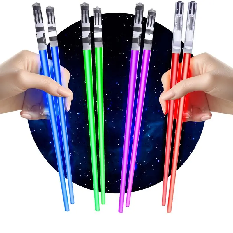 Colorful Light-Up LED Lightsaber Chopsticks Set, 4 Pairs Cutlery Tableware (Red, Blue, Green, Purple) for Birthday Use