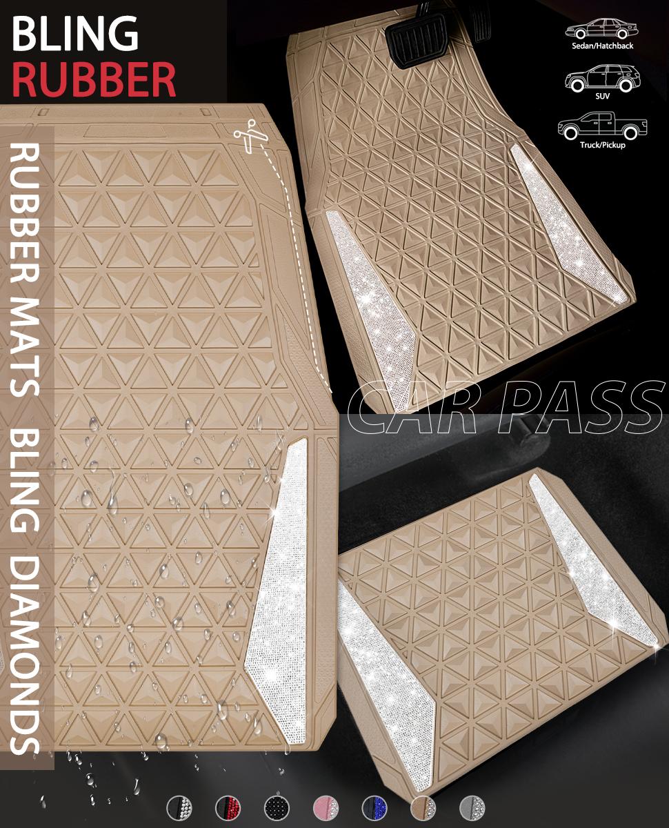 CAR PASS Bling Diamond Rhombus Rubber Leather Car Floor Mats, All-Weather for Car Full Set Durable Anti-Slip, Waterproof Trim Universal Fit,Sedan,SUV,Truck Vehicle Automotive