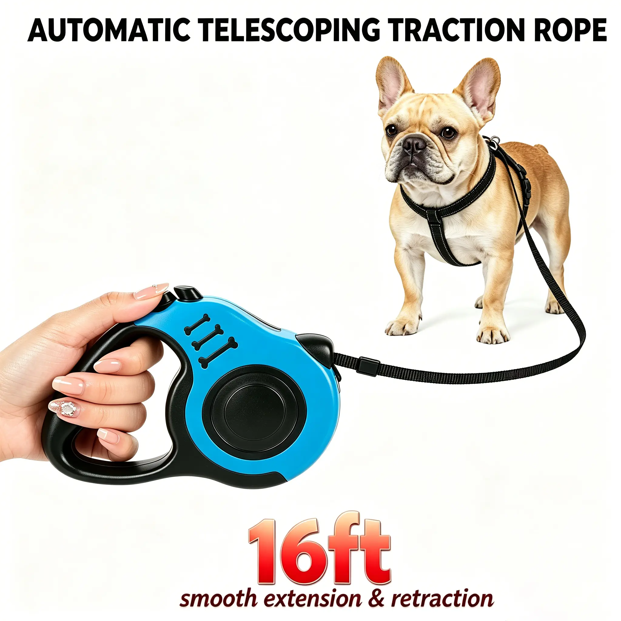 16FT Retractable Dog Leash for Small-Medium Dogs - 1-Button Lock, Anti-Twist Tangles-Free, 360° Rotating Swivel Hook, Heavy-Duty Tear-Resistant Nylon Tape, Ergo Grip Anti-Slip Handle, Outdoor Walking Training